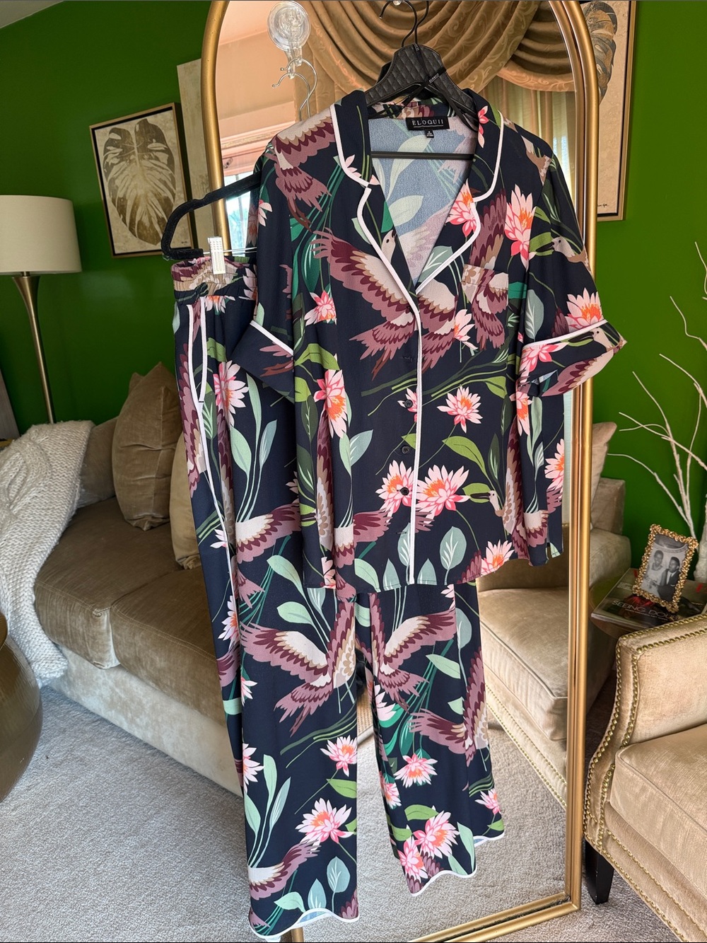 Eloquii Floral Set with Bird Motif - Navy Blue Base with Pink & Green